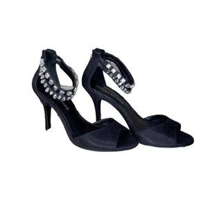 Audrey Brooke Size 7 Black Satin Rhinestones 3" High Heel Shoes Sandals